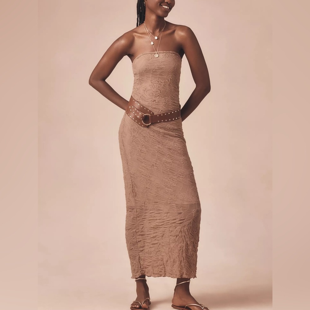 By Anthropologie Strapless Textured Knit Slip Midi Dress Brown Tan Size XXS